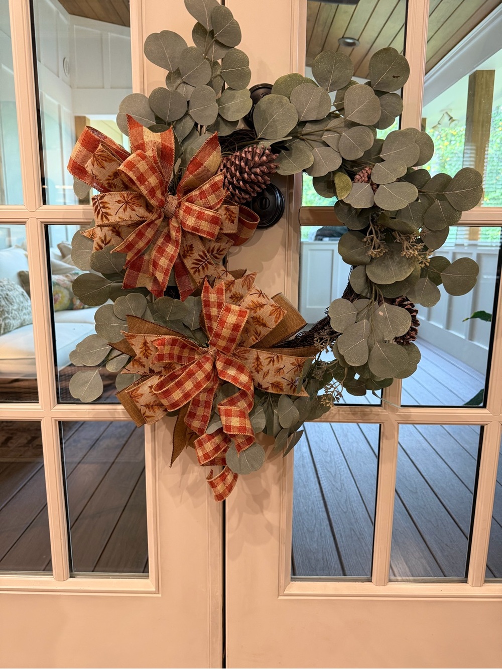 Eucalyptus Holiday Wreath with Plaid and Leaf-Print Bows